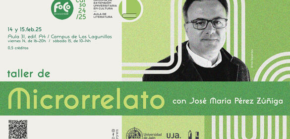 Cartel Taller de Microrrelato con José María Pérez Zúñiga 14 y 15 de febrero de 2025