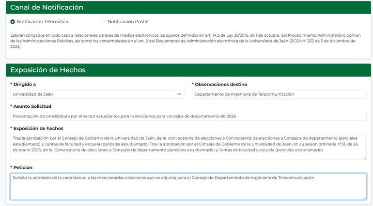 Captura del formulario de la Sede Electrónica de la UJA