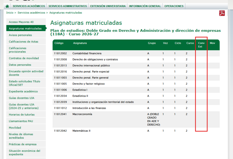 Ejemplo de solicitud sin ninguna asignatura solicitada para la convocatoria extraordinaria 1