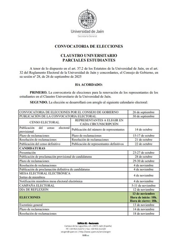 Convocatoria de Elecciones Claustro (Parcial Estudiantes)