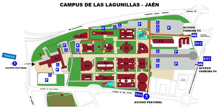 Plano Campus Lagunillas con señalización de accesos peatonales