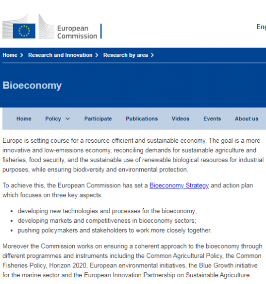 Descripción de Bioeconomía por Comisión Europea