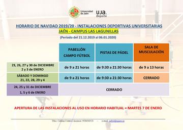 Horarios de apertura y cierre de las instalaciones deportivas de la Universidad de Jaén en la navidad de 2019