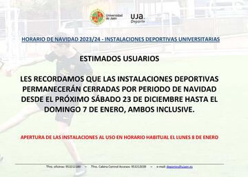 Cierre de las instalaciones deportivas universitarias en navidad