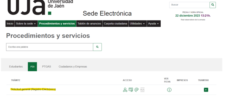 Captura de pantalla de la solicitud general del registro de la UJA