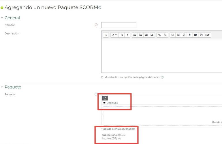 Paquete SCORM en PLATEA, importar archivo ZIP