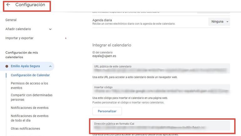 configuración calendario google