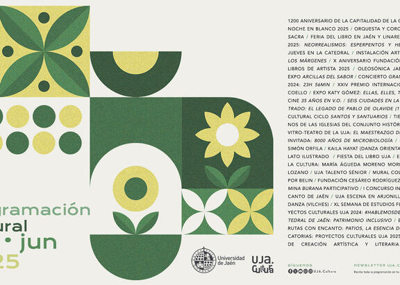 Cartel de la programación cultural de la UJA correspondiente a los meses de abril, mayo y junio 2025.