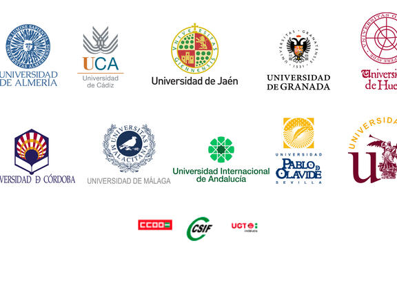 Escudos de las universidades públicas andaluzas y de los sindicatos.