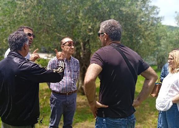 El catedrático de la UJA Sebastián Sánchez, en el centro, durante la visita realizada a una explotación olivarera en la Preveza (Grecia).