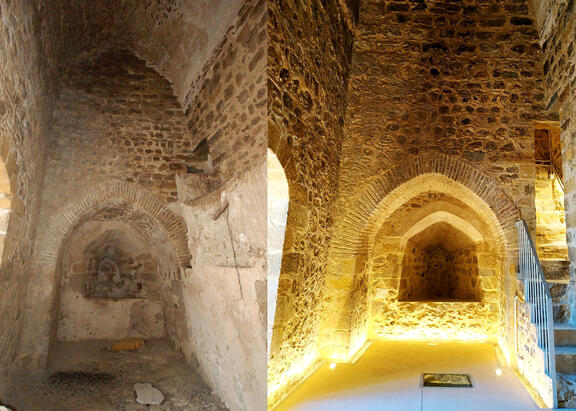 Sala de la primera planta, antes y después de los trabajos de restauración.