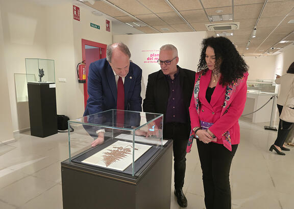 Nicolás Ruiz, Carlos Salazar e Isabel Azañón, observando uno de los documentos expuestos.