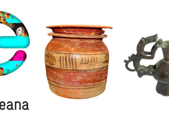 Logo de Europeana, junto a dos piezas arqueológicas, una íbera y otra islmámica.